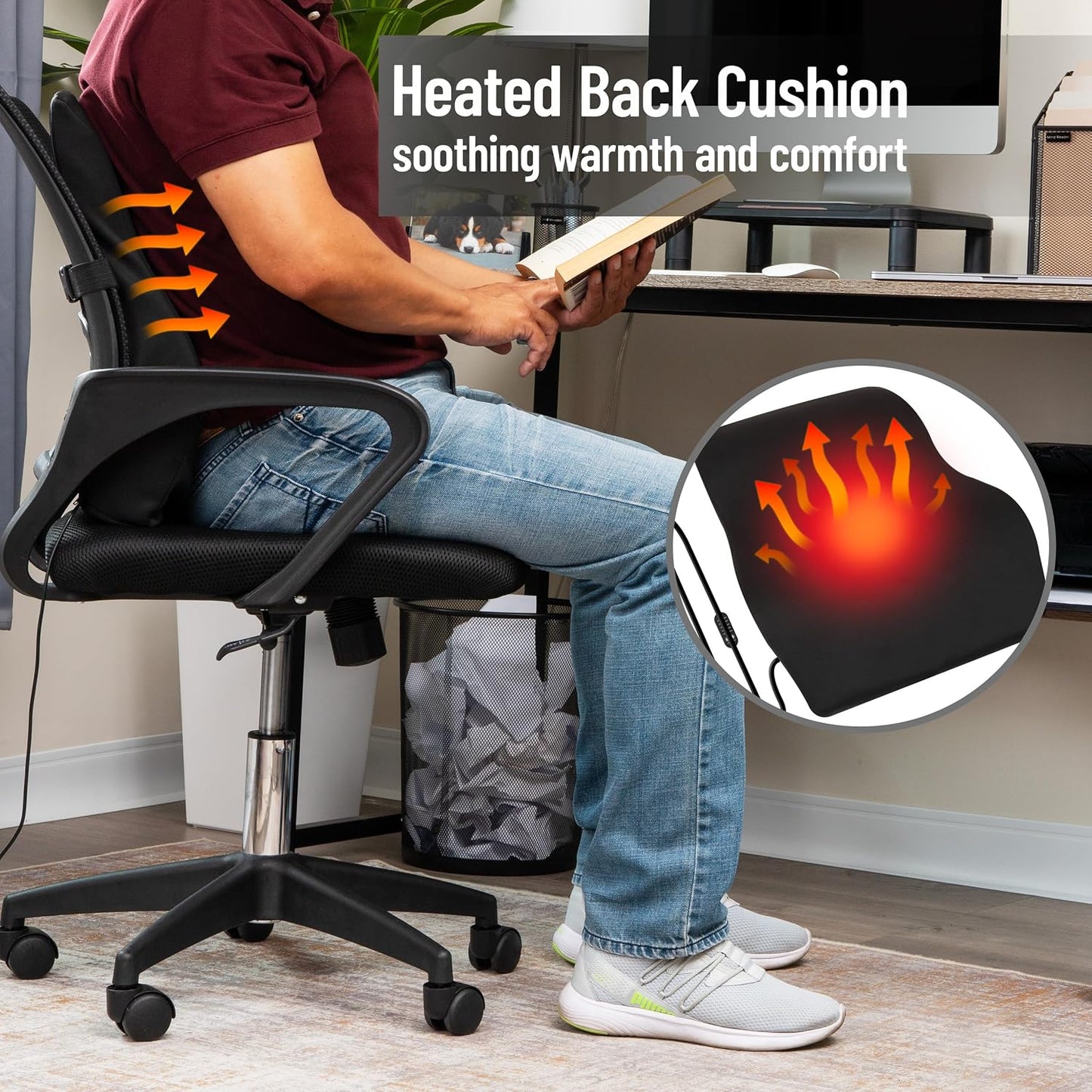 Mind Reader Heated Lumbar Support Cushion with Gentle Heat and Timer, Memory Foam Lower Back Pillow for Office Chair and Home Use, Black