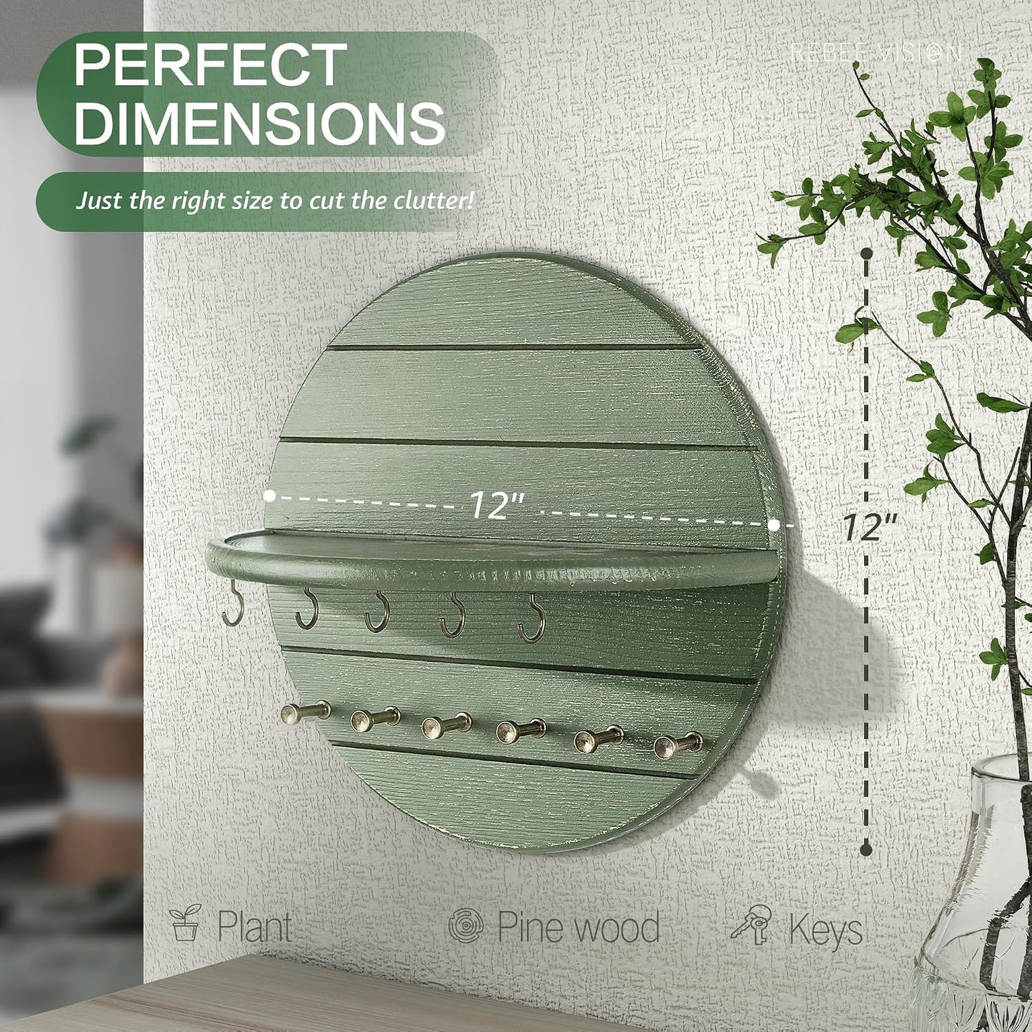 Rebee Vision Pine Wood Round Key Holder Wall Mount for Home Decor, Brown | Round Corner, Key Hooks for Dog leashes & Sunglasses, Display Shelf for Plant & Letters, Mail Organizer, Home Essentials