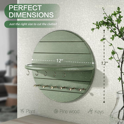 Rebee Vision Pine Wood Round Key Holder Wall Mount for Home Decor, Brown | Round Corner, Key Hooks for Dog leashes & Sunglasses, Display Shelf for Plant & Letters, Mail Organizer, Home Essentials