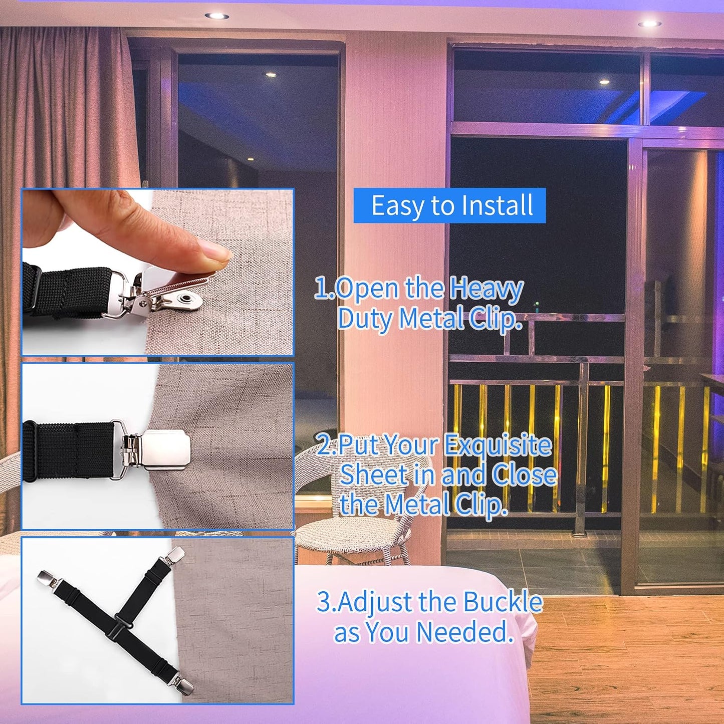 Upgrade Design Bed Sheet Straps 8 PCS Sheet Holders for Corners Fitted Sheet Clips Sheet Suspenders Black