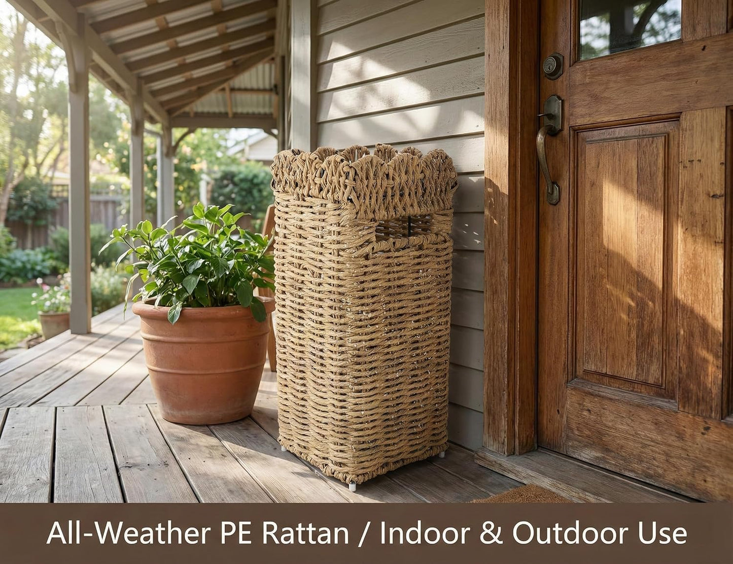 AceList Woven Umbrella Stand for Entryway, PE Rattan with Drip Tray | Scalloped cane holder for umbrellas, walking sticks & wrapping paper, farmhouse porch decor, removable base, sturdy 16.5 inch