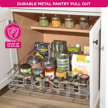 HOLDN’ STORAGE Pull Out Cabinet Organizer, Pantry Drawer, 14"W x 21"D x 5"H | Heavy-Duty Full-Extension, Roll Out Shelf for Pots, Pans & Under Sink Storage, Chrome, Require a 15.25"W Cabinet Opening
