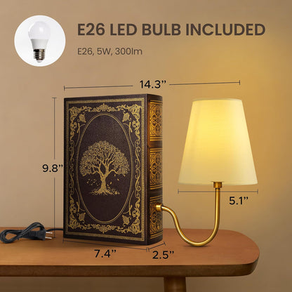 AELS Solid Wood Bookshelf Lamp with Bulb, Cordless Rechargeable Touch Dimmable Table Lamp with Linen Fabric Shade, Modern Decorative Bookend Lamp for Bedroom, Office & Bookshelf Decor, Dark Brown