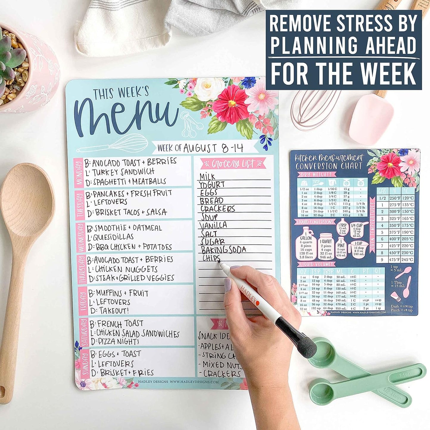 Hadley Designs Weekly Meal Planner for Fridge - Dinner Menu Board for Kitchen, Kraft Weekly Menu Board Dry Erase, Dry Erase Meal Planner for Fridge, Grocery List for Fridges with Conversion Chart