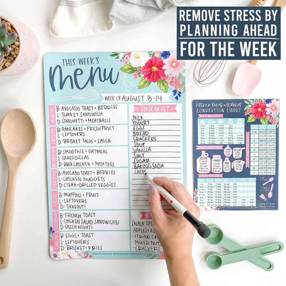Hadley Designs Weekly Meal Planner for Fridge - Dinner Menu Board for Kitchen, Kraft Weekly Menu Board Dry Erase, Dry Erase Meal Planner for Fridge, Grocery List for Fridges with Conversion Chart