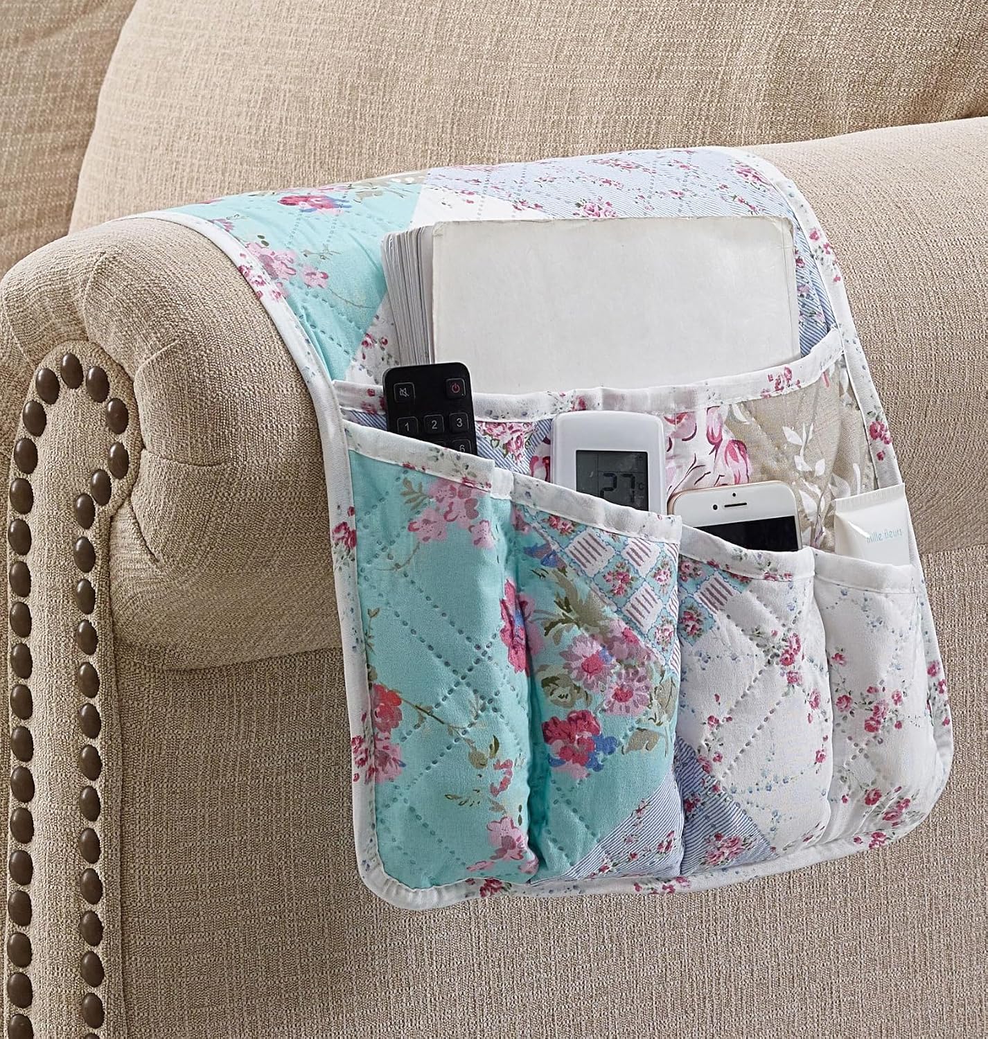 Brilliant Sunshine Burgundy Toile Floral Couch Armrest Cover, 35"×13" | Washable Magazine Holder, Armrest Organizer & Caddy on Sofa, Recliner, Armchair, Storage for Remote Controls, Phone, iPad
