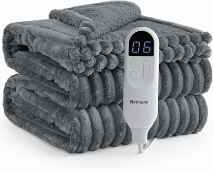Bedsure Heated Blanket Electric Throw - Thick Striped Fast Heating Electric Blanket with Preheat Function, 6 Heat & 6 Timer (Up to 10H), 8H Auto Off, ETL Certified, Gifts for Women (50"x60", White)