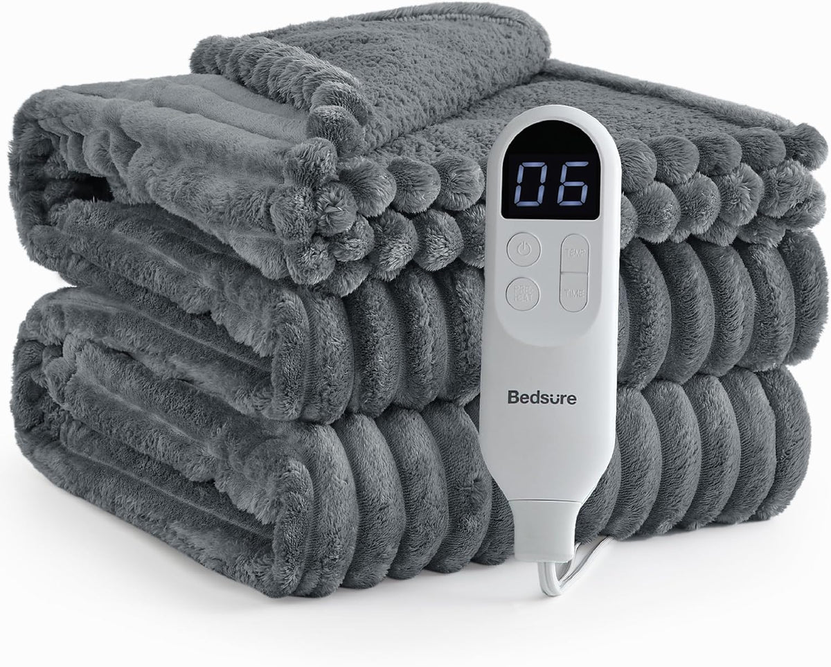 Bedsure Heated Blanket Electric Throw - Thick Striped Fast Heating Electric Blanket with Preheat Function, 6 Heat & 6 Timer (Up to 10H), 8H Auto Off, ETL Certified, Gifts for Women (50"x60", White)