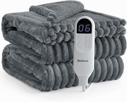 Bedsure Heated Blanket Electric Throw - Thick Striped Fast Heating Electric Blanket with Preheat Function, 6 Heat & 6 Timer (Up to 10H), 8H Auto Off, ETL Certified, Gifts for Women (50"x60", White)