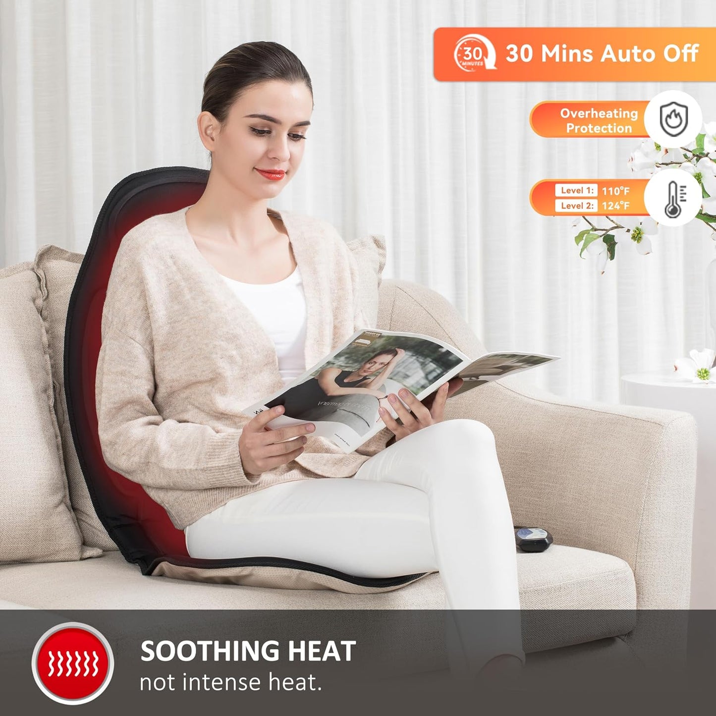 Snailax Massage Seat Cushion - Back Massager with Heat, 6 Vibration Massage Nodes & 2 Heat Levels, Massage Chair Pad for Home Office Chair, Black