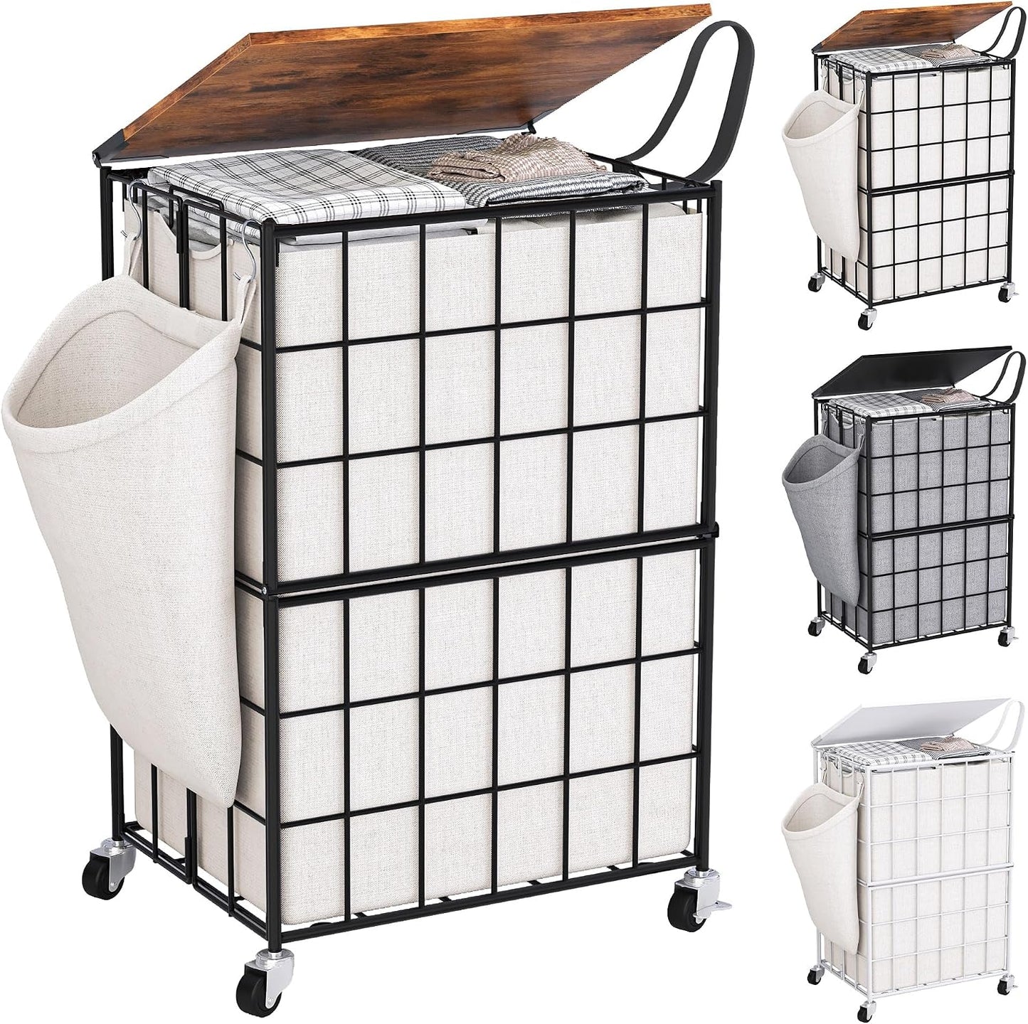 90L Laundry Basket with Wheels, Large Capacity Laundry Hamper with Removable Liner Bags, Heavy Duty Laundry Sorter with Solid Wood Lid & Leather Handles, Grey