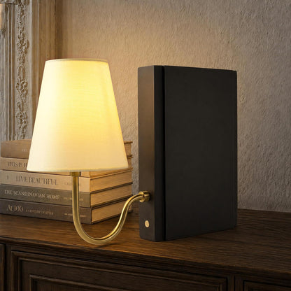 AELS Solid Wood Bookshelf Lamp with Bulb, Cordless Rechargeable Touch Dimmable Table Lamp with Linen Fabric Shade, Modern Decorative Bookend Lamp for Bedroom, Office & Bookshelf Decor, Dark Brown