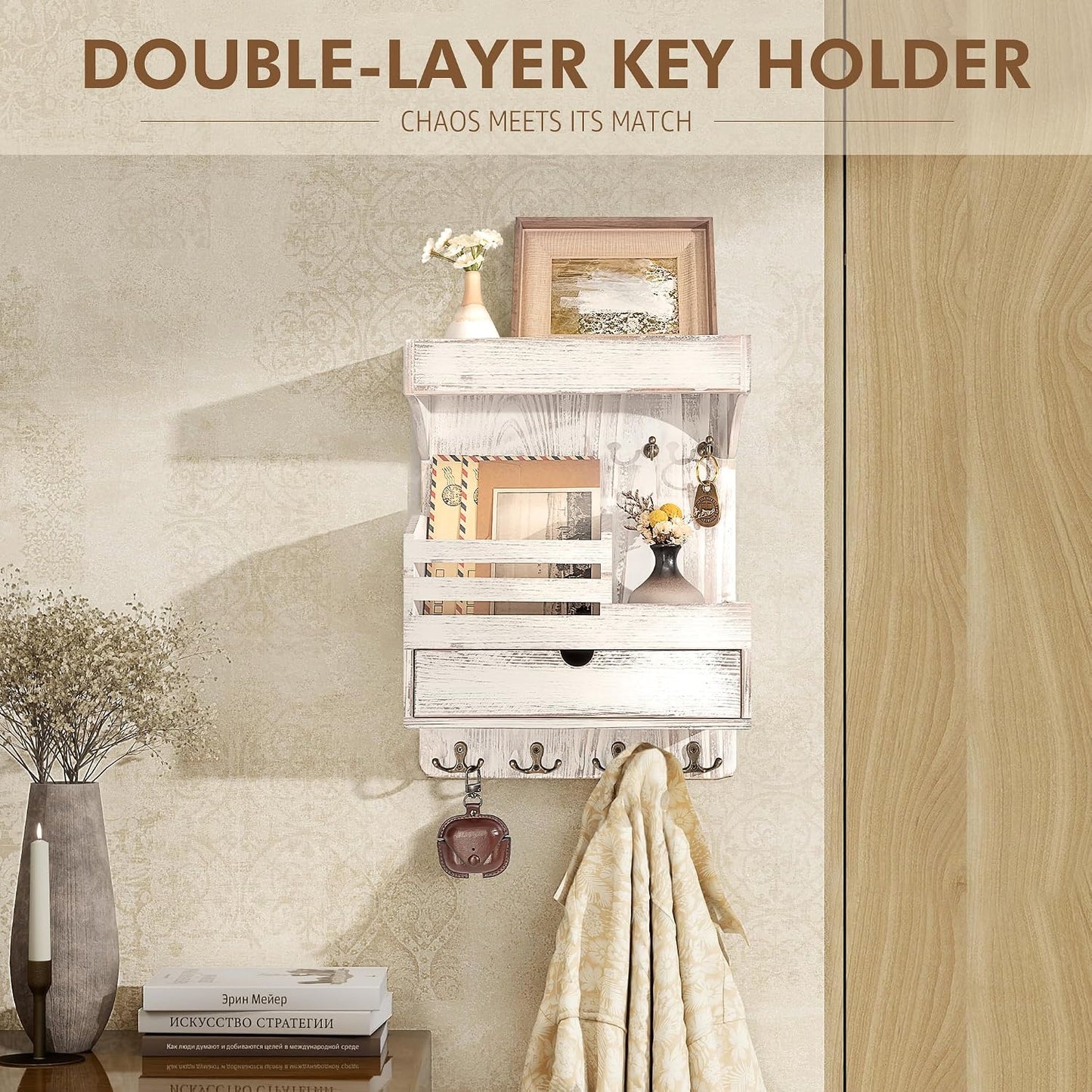 Rebee Vision Key Holder Wall Mount with Drawer Organizer for Entryway,Brown | Pine Wood, 6 Key Hooks, Display Shelf for Plants, Mail Slot for Storage Letter, Multi-Funtional Design, Home Storage