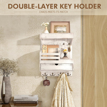Rebee Vision Key Holder Wall Mount with Drawer Organizer for Entryway,Brown | Pine Wood, 6 Key Hooks, Display Shelf for Plants, Mail Slot for Storage Letter, Multi-Funtional Design, Home Storage
