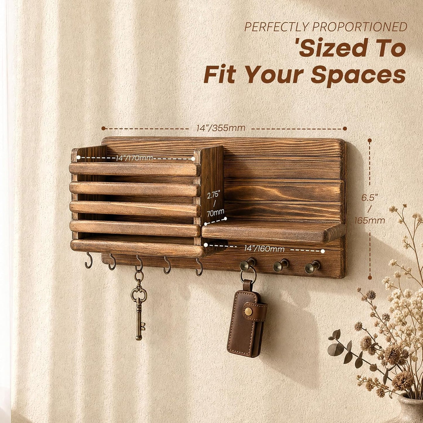 Rebee Vision Key Holder Wall Mount with Mail Slot for Entryway, Retro Brown | Pine Wood, Key Holder for Wall, 8 Hooks for Dog Leashes, Floating Shelf, Mail Sorter, New Home Essentials, Entryway Storage