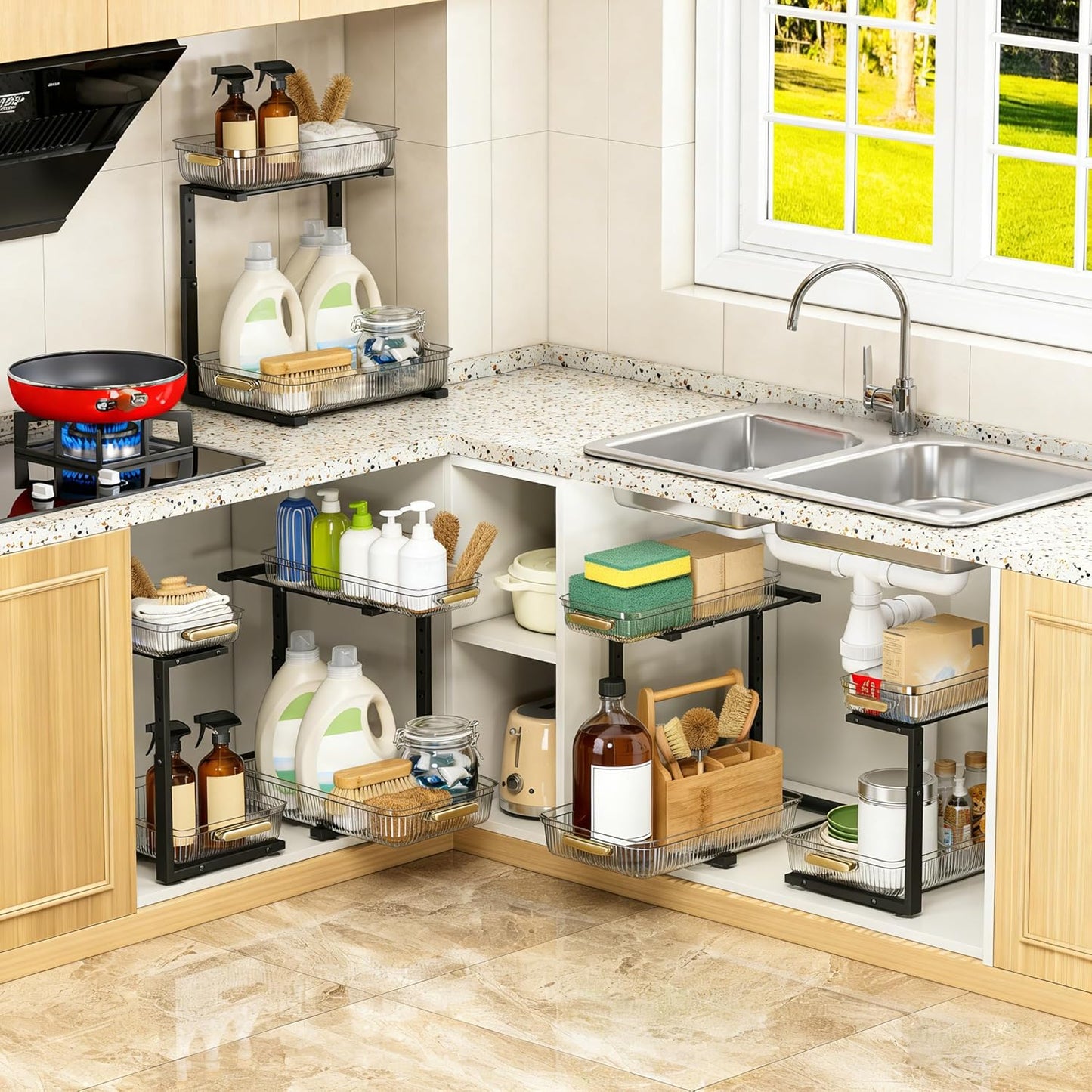 ARSTPEOE Under Sink Organizer - 2 Pack Multi-Purpose Pull-Out Storage Shelf | Slide out Pull out Cabinet Organizer Shelf, Storage for Kitchen Bathroom