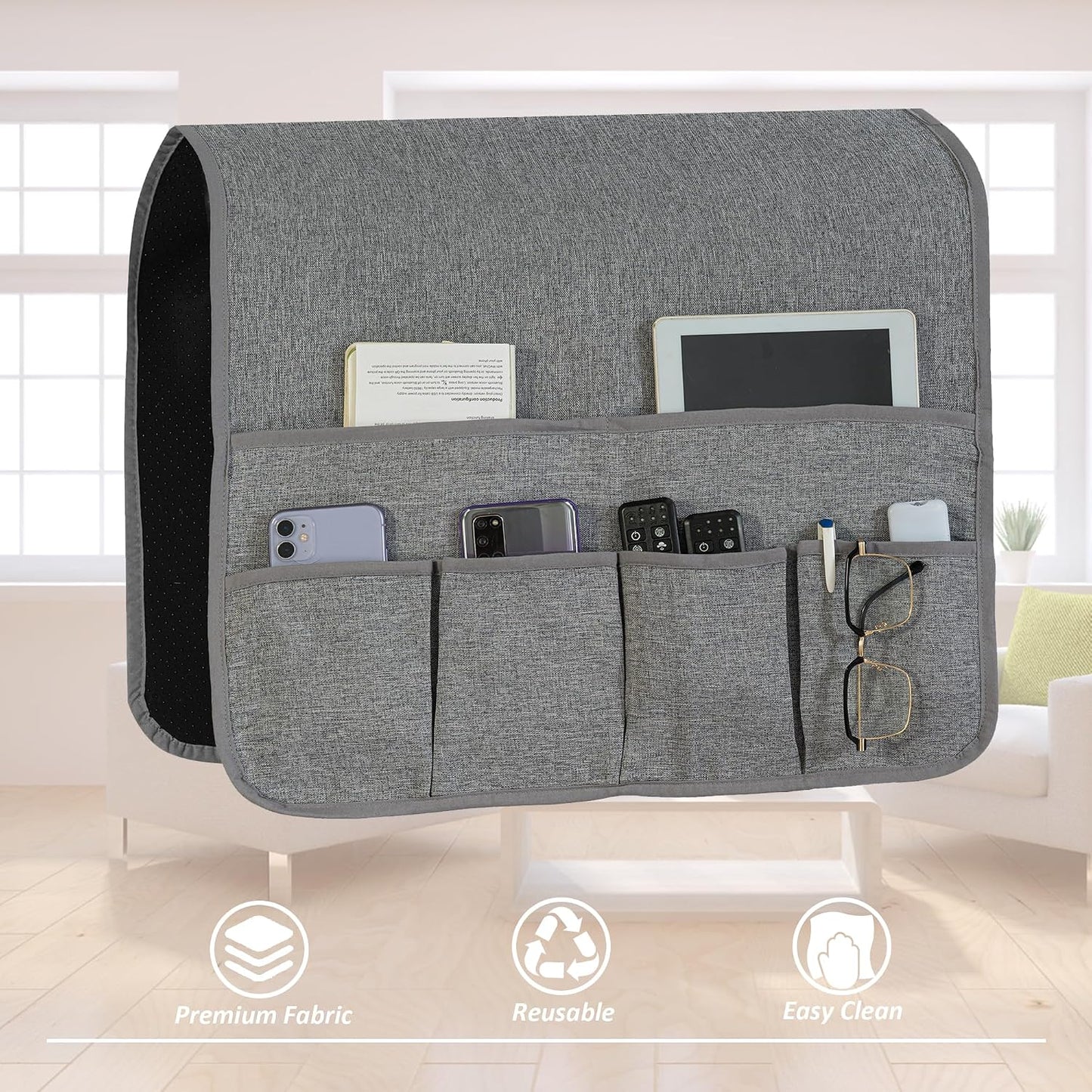 Armchair Caddy for Couch Remote Control Holder with 4 Pockets, Grey 1 Pack | Non-slip, Waterproof, Sofa Armset Organizer, Couch Chair Armrest Storage for TV Remote Control Phone Book Magazine 35"x13"