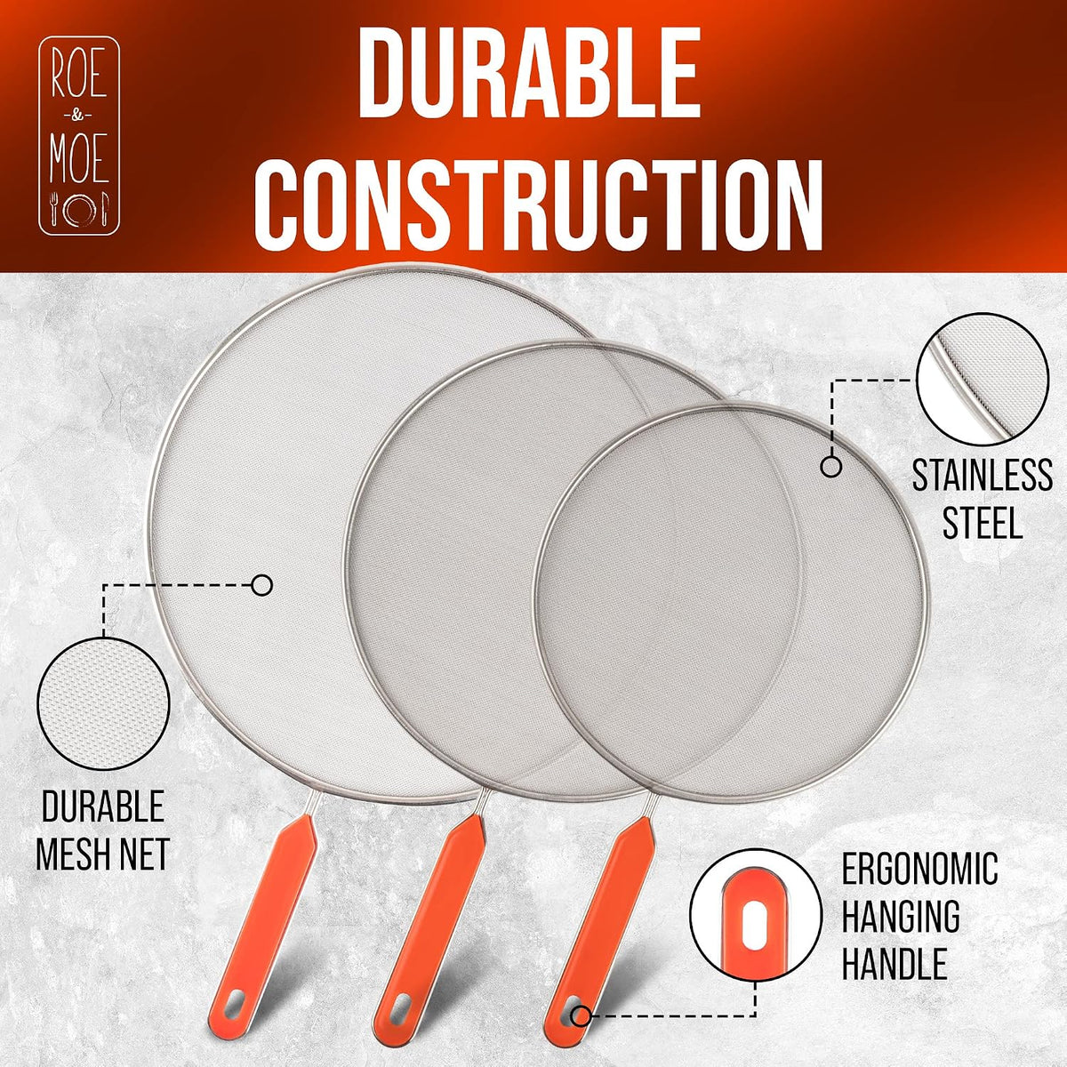 Roe & Moe Splatter Screens - Stainless Steel Splatter Screens for Frying Pan with Insulated Handles - Grease Splatter Guards For Frying Pan that Lets You Create Masterpieces with Ease (Pack of 3)