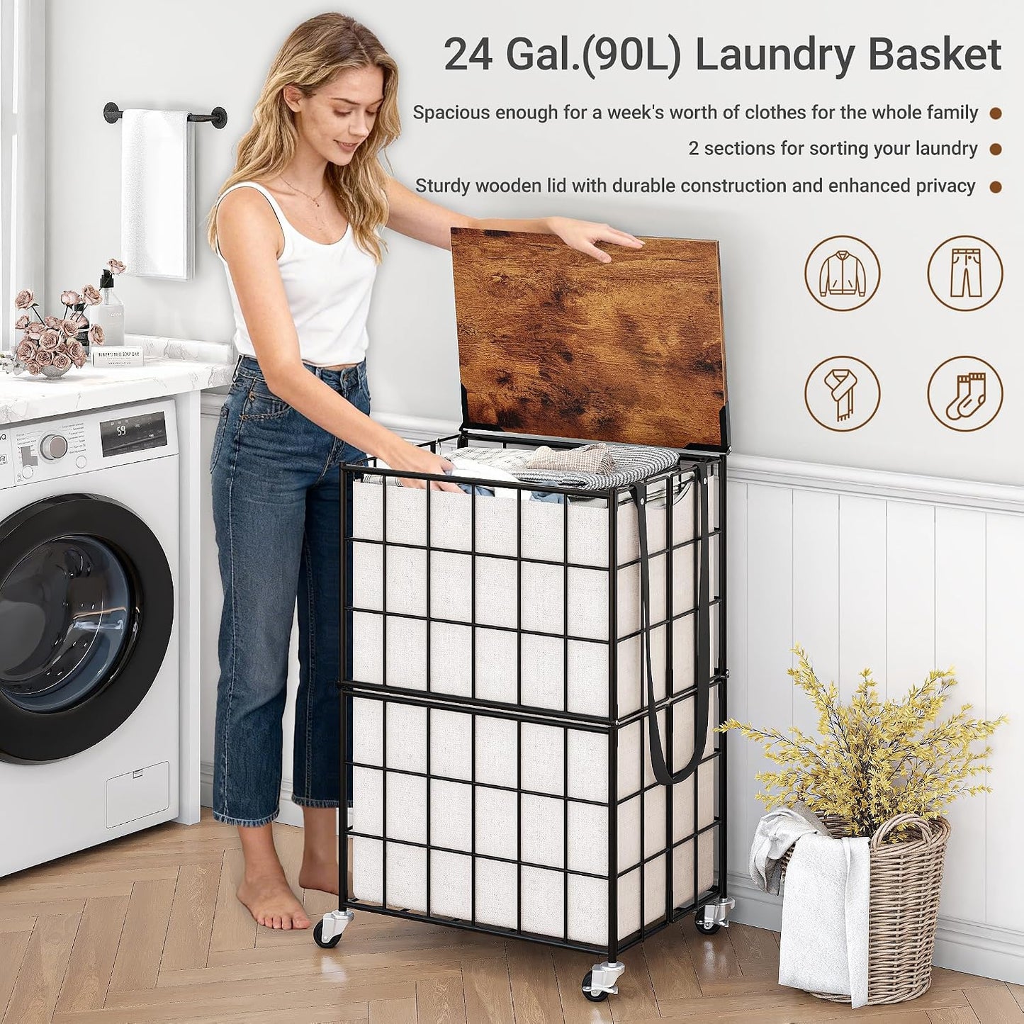90L Laundry Basket with Wheels, Large Capacity Laundry Hamper with Removable Liner Bags, Heavy Duty Laundry Sorter with Solid Wood Lid & Leather Handles, Grey