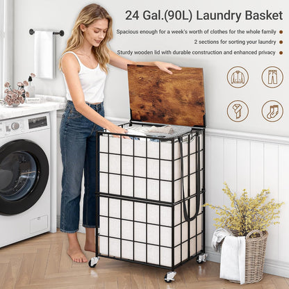 90L Laundry Basket with Wheels, Large Capacity Laundry Hamper with Removable Liner Bags, Heavy Duty Laundry Sorter with Solid Wood Lid & Leather Handles, Grey