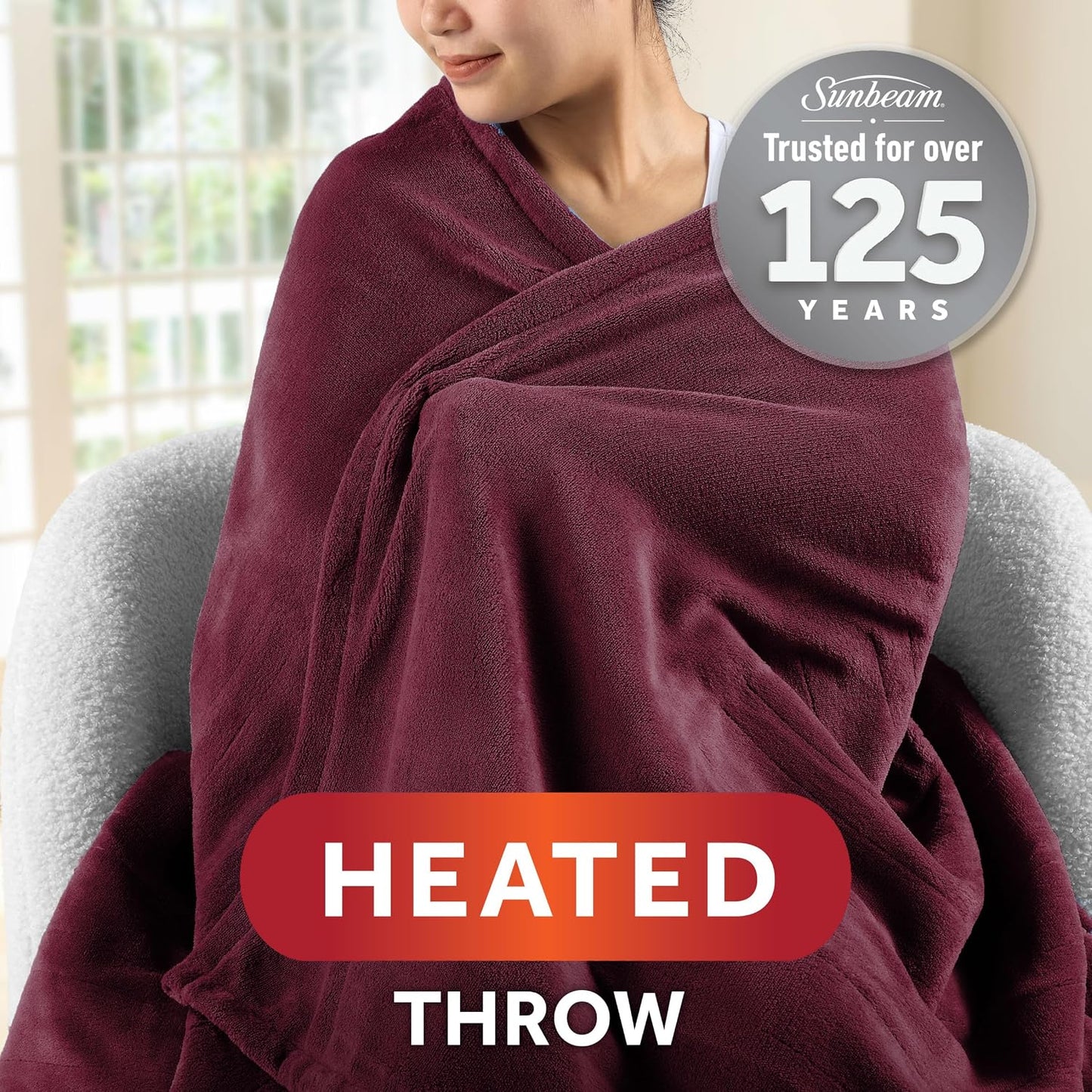 Sunbeam Electric Throw Royal Mink Sherpa Heated Blanket, 4 Heat Settings, 4-Hour Auto Shut-Off, Fast Heating, Luxurious and Ultra Comfy, Cabernet Color, 50" x 60"