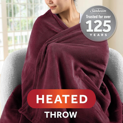 Sunbeam Electric Throw Royal Mink Sherpa Heated Blanket, 4 Heat Settings, 4-Hour Auto Shut-Off, Fast Heating, Luxurious and Ultra Comfy, Cabernet Color, 50" x 60"