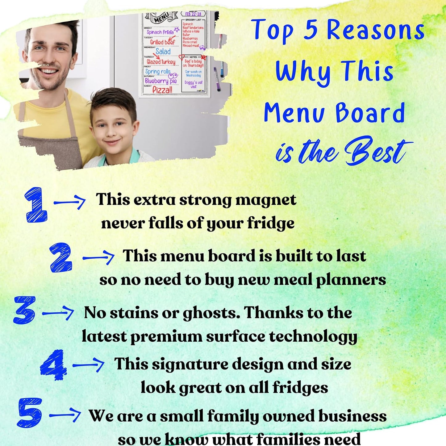 White Magnetic Dry Erase Weekly Menu Board for the Fridge | Weekly meal and dinner planner, 7-day grid, grocery and to-do lists, 12x16 inches, fits standard fridge, 3 markers, eraser