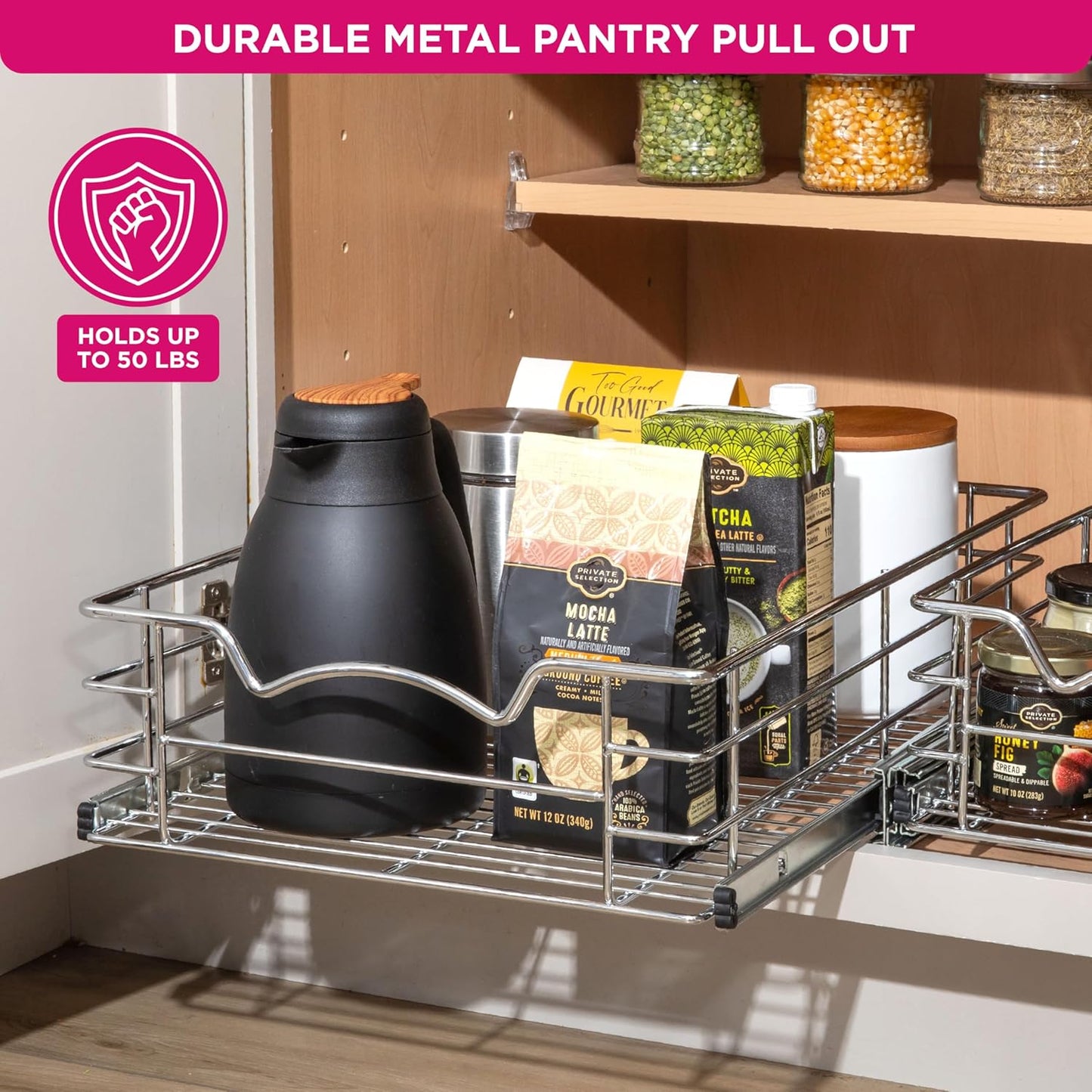 HOLDN’ STORAGE Pull Out Cabinet Organizer, Pantry Drawer, 14"W x 21"D x 5"H | Heavy-Duty Full-Extension, Roll Out Shelf for Pots, Pans & Under Sink Storage, Chrome, Require a 15.25"W Cabinet Opening