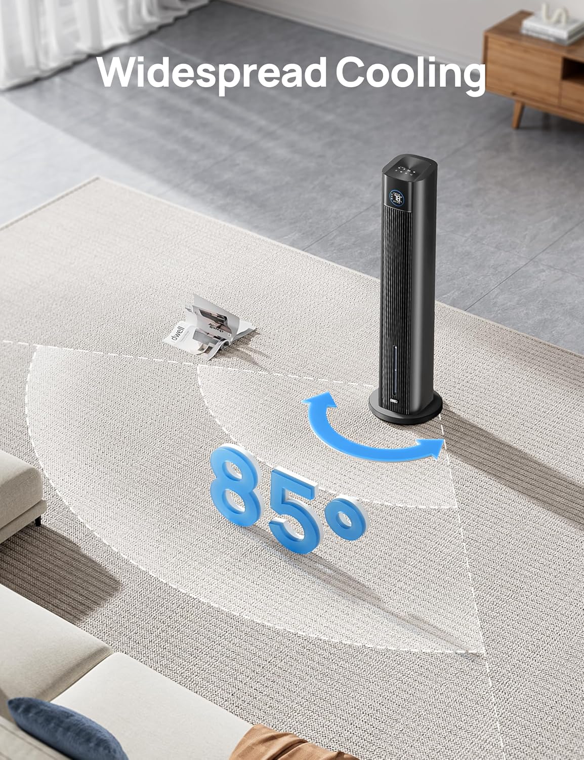 DREO Tower Fan for Bedroom, 43" Cooling Fans That Blow Cold Air 2025 Upgraded, Evaporative Air Cooler, Quiet 85° Oscillating Floor Fan, Easy Cleaning, APP Control, 4 Modes & 4 Speeds, Ink Black
