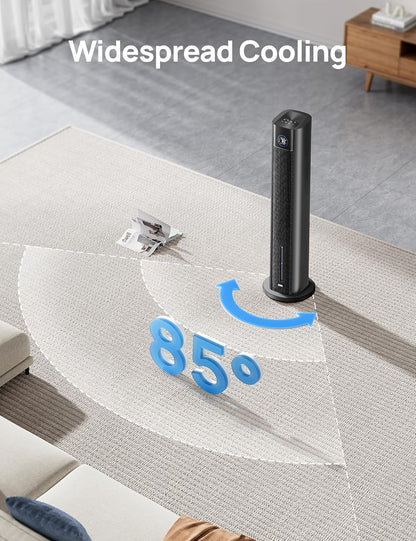 DREO Tower Fan for Bedroom, 43" Cooling Fans That Blow Cold Air 2025 Upgraded, Evaporative Air Cooler, Quiet 85° Oscillating Floor Fan, Easy Cleaning, APP Control, 4 Modes & 4 Speeds, Ink Black