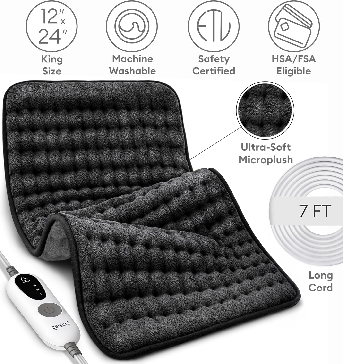 GENIANI Back Pain & Relaxation Gifts for Women – Electric Heating Pad for Back, Neck & Shoulders, Soft Microplush Electric Throw Heating Pad for Period Comfort, Fast Heating, Auto Shut Off, 12"x24"
