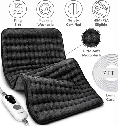 GENIANI Back Pain & Relaxation Gifts for Women – Electric Heating Pad for Back, Neck & Shoulders, Soft Microplush Electric Throw Heating Pad for Period Comfort, Fast Heating, Auto Shut Off, 12"x24"
