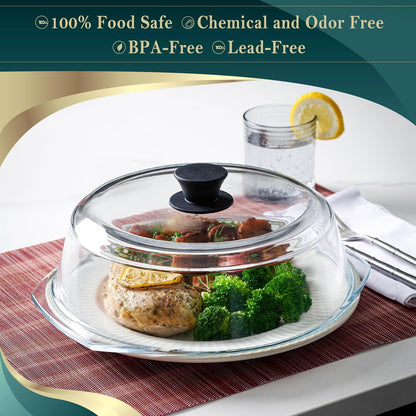 Le'raze 10inch Glass Microwave Splatter Cover for Food - 100% Food Grade BPA & Lead Free - Dishwasher Safe - Cookware & Bakeware Serving Dish Plate Mess Guard Lid with Easy Grip Silicone Handle Knob