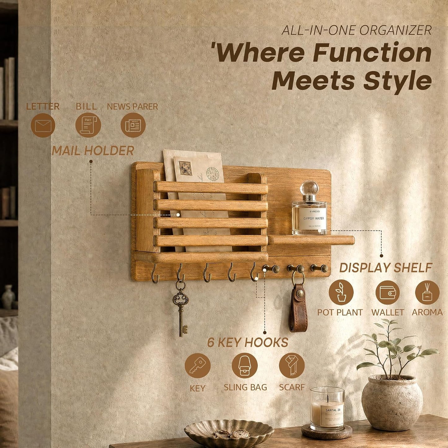 Rebee Vision Key Holder Wall Mount with Mail Slot for Entryway, Retro Brown | Pine Wood, Key Holder for Wall, 8 Hooks for Dog Leashes, Floating Shelf, Mail Sorter, New Home Essentials, Entryway Storage