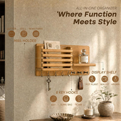 Rebee Vision Key Holder Wall Mount with Mail Slot for Entryway, Retro Brown | Pine Wood, Key Holder for Wall, 8 Hooks for Dog Leashes, Floating Shelf, Mail Sorter, New Home Essentials, Entryway Storage