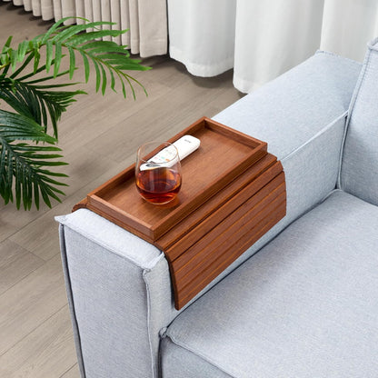 DETOR Couch Arm Tray with Spacious 12.4" x 5.4" Storage Box, Walnut Bamboo Finish, Enhanced Non-Slip Felt Bottom, Sturdy Bamboo Slats, Fits Armrests 6" and Wider
