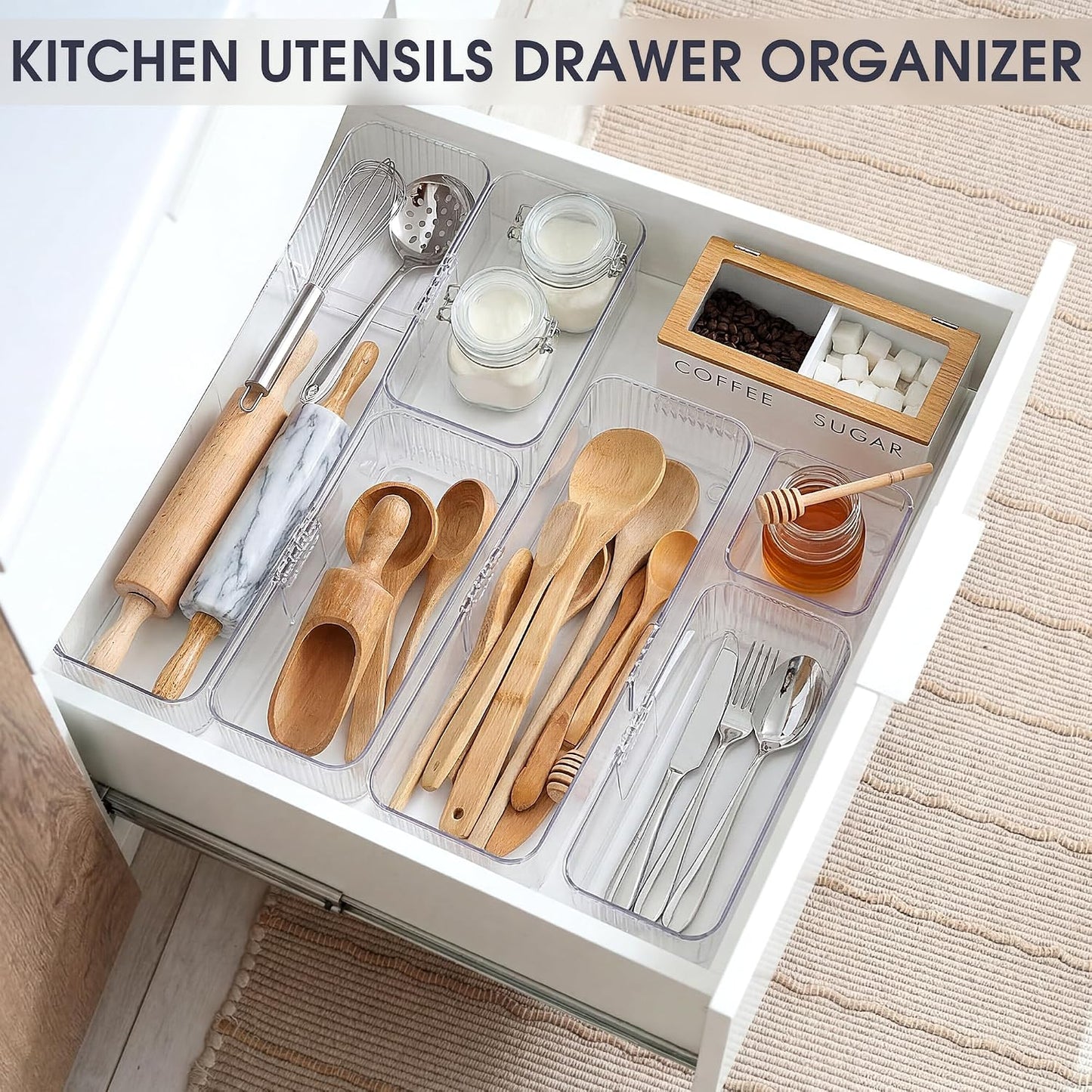 Aneco 14 Pieces Extendable Clear Drawer Organizer Adjustable Vanity Storage Box 4-Size Desk Drawer Divider Acrylic Storage Bins for Makeup, Cosmetic, Jewelries, Bedroom Kitchen Utensils Gadgets