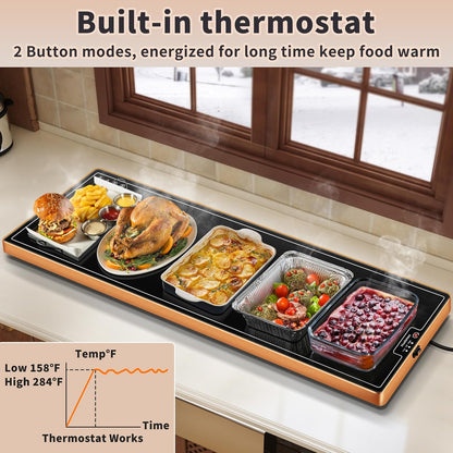 Warming Mat for Food,Extra Long 40"x12",Tempered Glass Warming Tray, Black