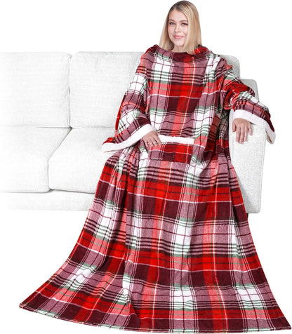 PAVILIA Wearable Blanket with Sleeves and Pocket for Women Men, Sherpa Trim
