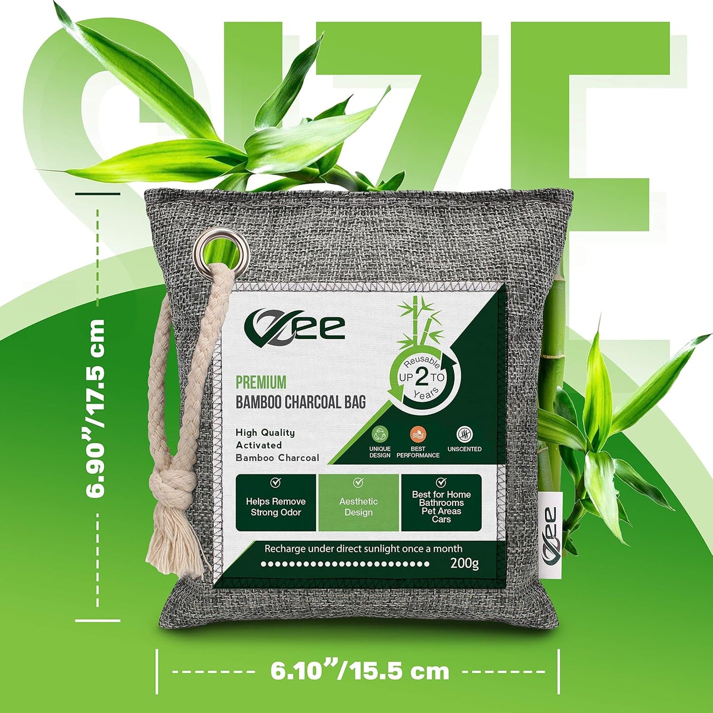 8 XL Bags x 200g Bamboo Charcoal Odor Absorber (1,600g Total),Activated Charcoal Air Purifying Bag, Odor Eliminator for Home, Basement, Smoke, Mothball, Pet, Car, Closet, Shoes