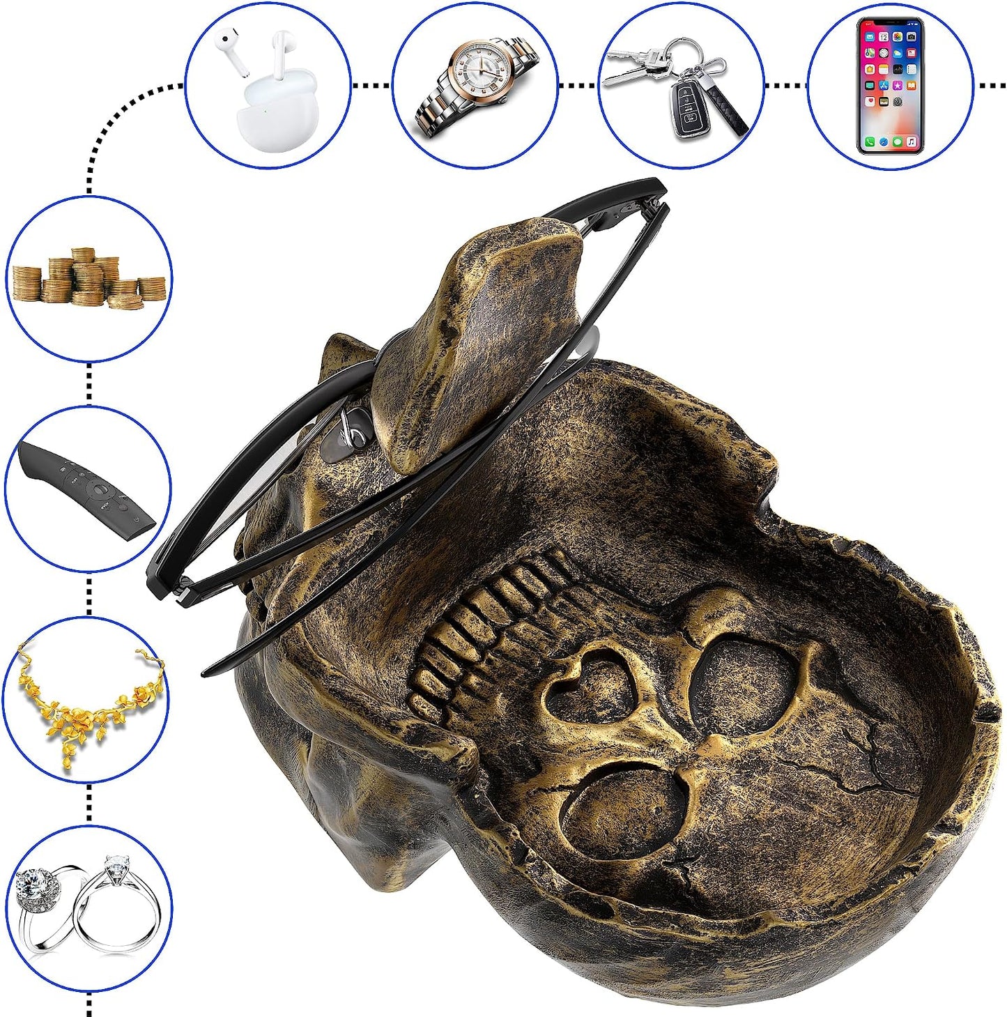 READAEER Skull Glasses Stand Holder, Creative Eyeglasses Holder, Sunglasses Spectacle Display Rack, Key Holder Resin Sculptures for Entryway, Home, Office, Desk, Nightstand (White)