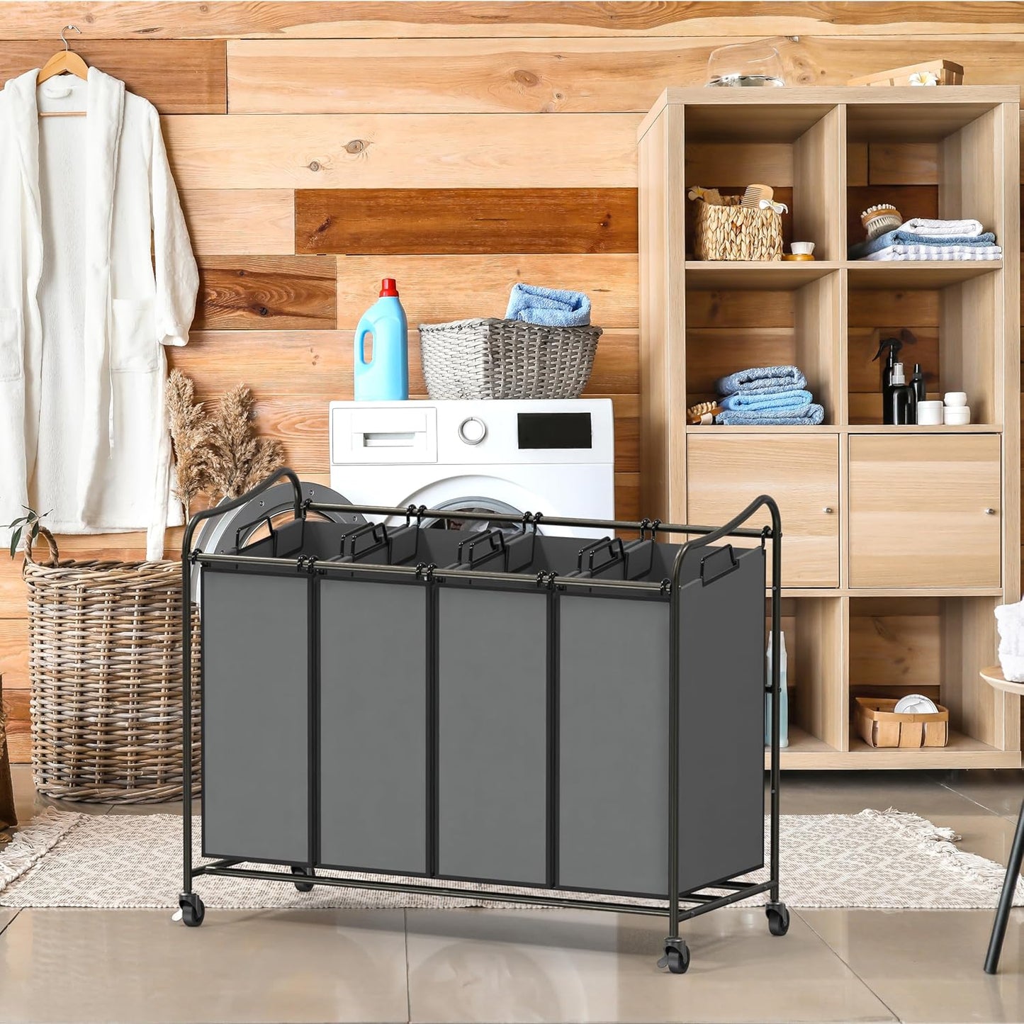 Simple Houseware 4-Bag Heavy Duty Laundry Sorter Rolling Cart, Dark Grey | Removable Bags and Lockable Wheels for Laundry Room Organization