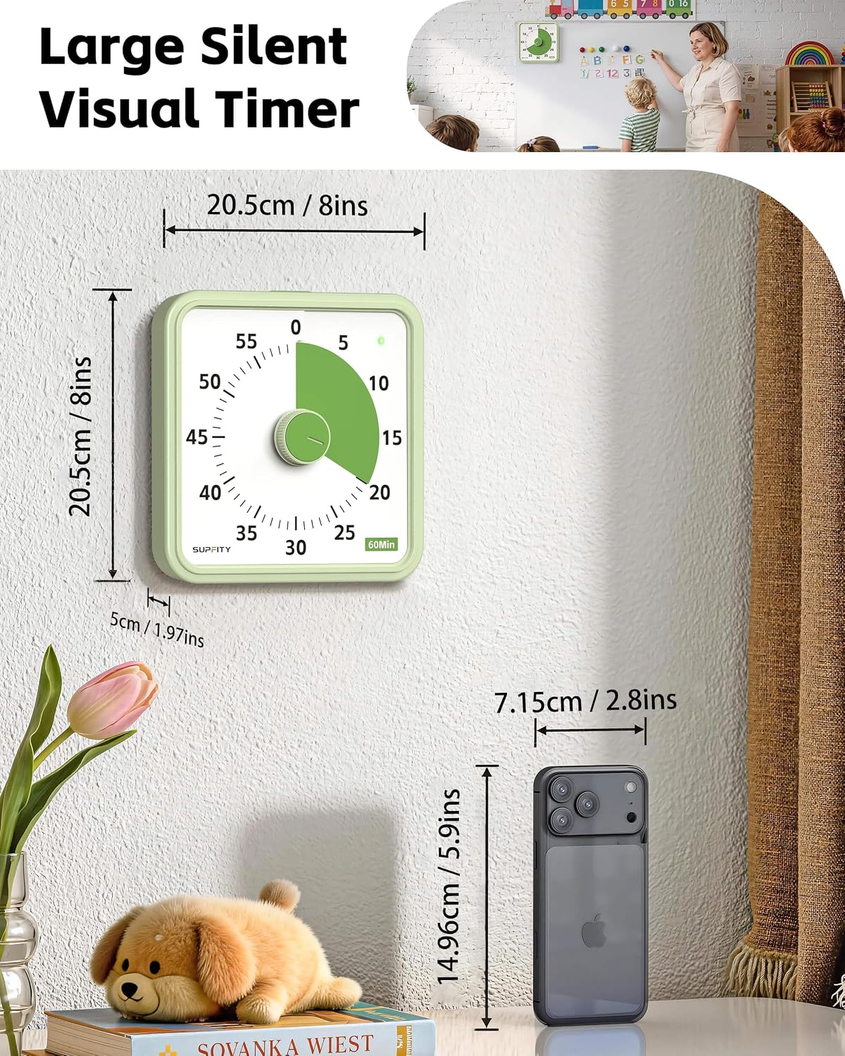 8-Inch Large Visual Timer for Kids 60-Minute Classroom Timer Magnetic