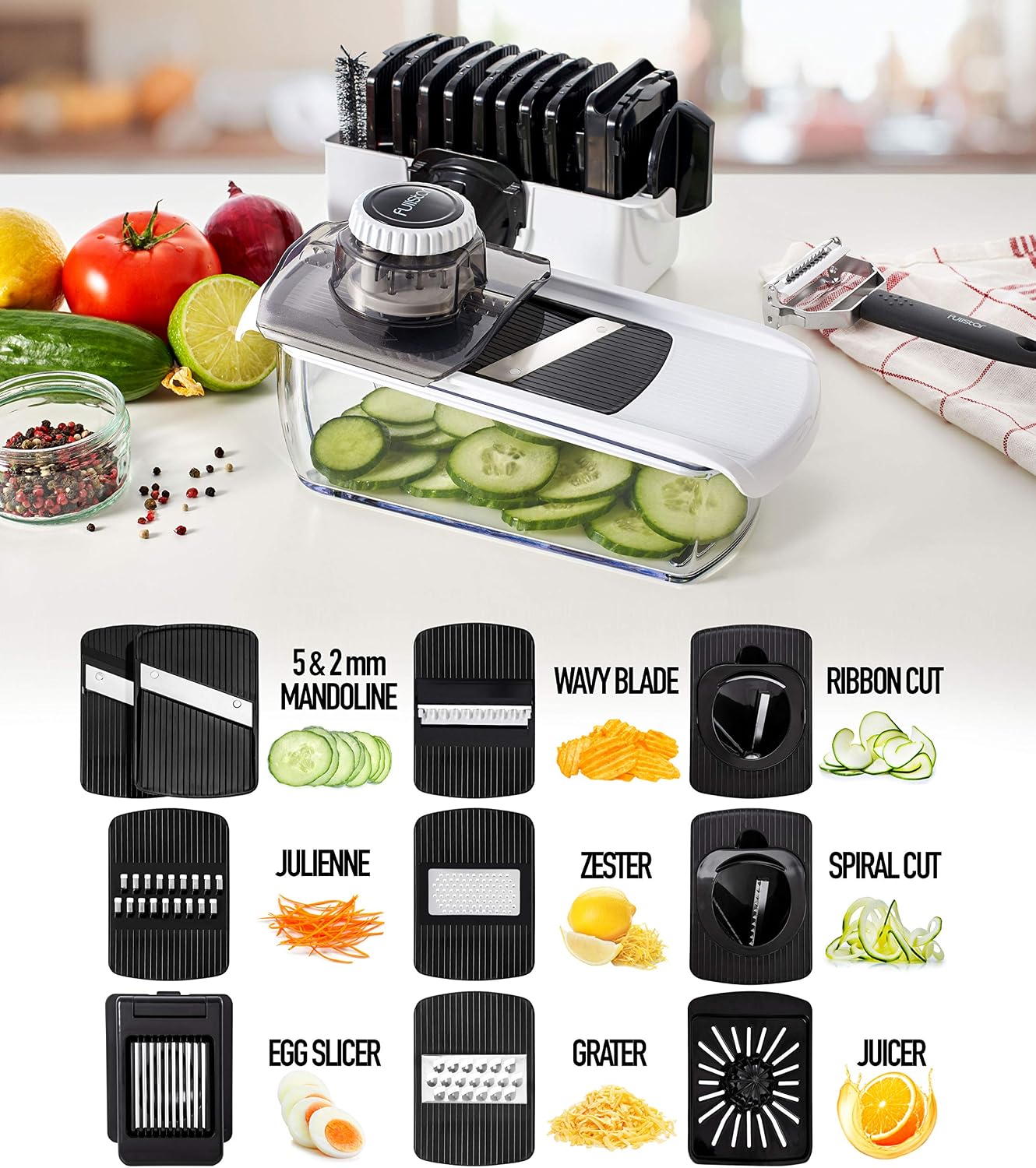 Fullstar Pro Mandoline Vegetable Slicer, Grater & Spiralizer with Container | 6 in 1 Fruit Cutter, Cheese Grater & Spiralizer with Safety Gloves, Stainless Steel Blades & Container (Black)