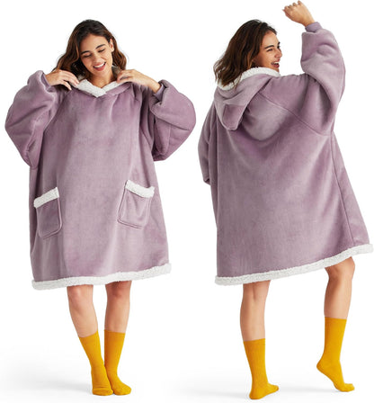 Bedsure Wearable Blanket Sherpa Hoodie Gifts, Sweatshirt, Grey, Standard