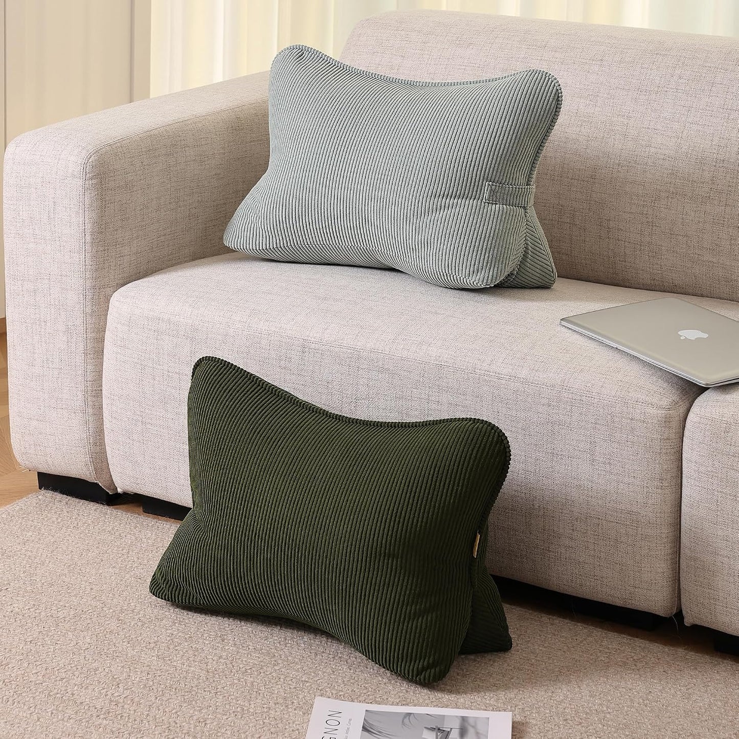 Pat. Pend. Corduroy Lumbar Support Back Pillow for Watching TV, Reading & Gaming, Ergonomic Triangle Support Cushion for Sofa, Armchair & Bed Sitting, Removable Washable Cover, Beige Gray