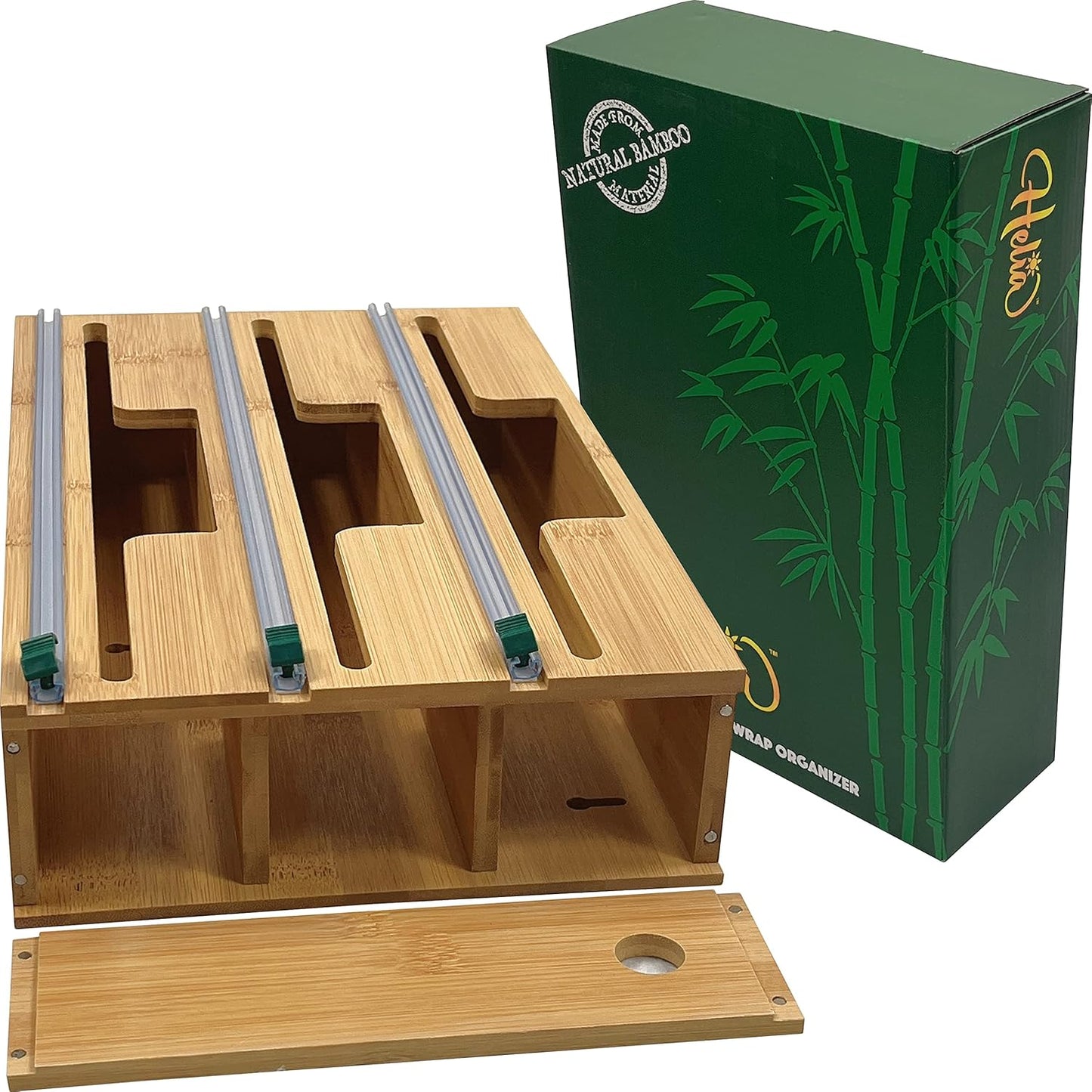 HELIA Bamboo Kitchen Wrap Organizer | Wall Mounting Solid Bamboo Foil and Plastic Wrap Dispenser with Sliding Cutters | Aluminum Foil and Plastic Wrap Dispenser with Cutter