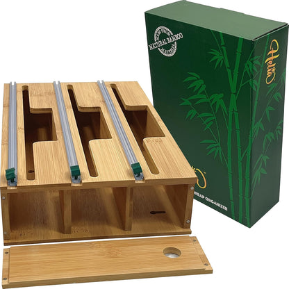 HELIA Bamboo Kitchen Wrap Organizer | Wall Mounting Solid Bamboo Foil and Plastic Wrap Dispenser with Sliding Cutters | Aluminum Foil and Plastic Wrap Dispenser with Cutter