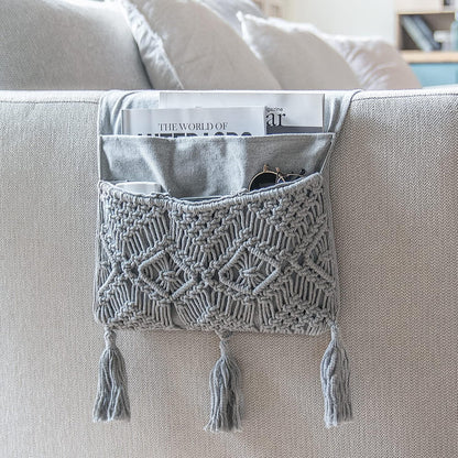Mkono Macrame Armchair Caddy, Boho Couch Armrest Organizer, 4 Pockets Beige | Large, Sofa Bedside Caddy, Remote Control Magazine Phone Holder, Living Room Bedroom Dorm, Boho Decor, Space-Saving Storage