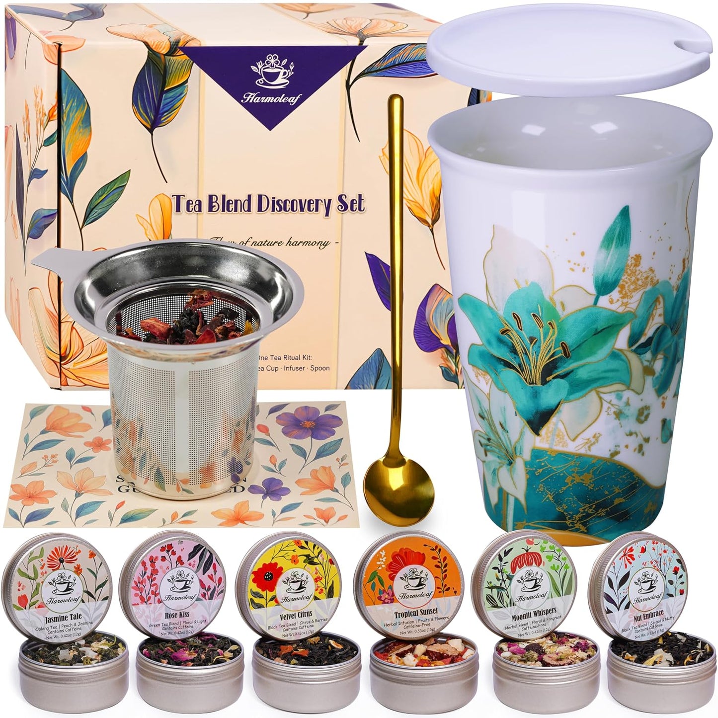 Harmoleaf Tea Gift Set for Women, 6 Loose Leaf Tea Blends with Blue Lily Insulated Ceramic Cup, Stainless Steel Infuser, Lid and Gold Spoon, Birthday, Mother's Day, Anniversary, Retirement Gift for Her